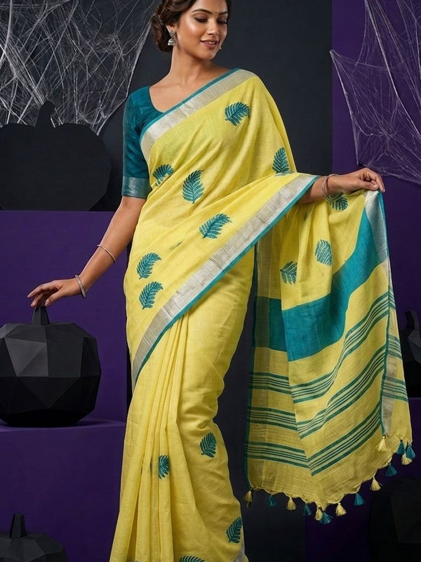 Handwoven Bhagalpuri Linen Blend Embroidered Saree With Contrast Blouse Piece(Yellow_Cyan)