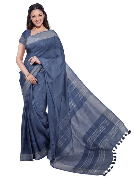 Lake Blue & Olive Green women's Bhagalpuri Handloom Cotton-Linen Blend Saree Combo (Pack Of 2) With Running Unstitched Blouse Piece - View 2