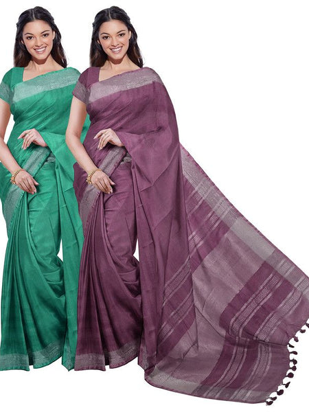 Mint Green & Quinacridone Magenta women's Bhagalpuri Handloom Cotton-Linen Blend Saree Combo (Pack Of 2) With Running Unstiched Blouse Piece