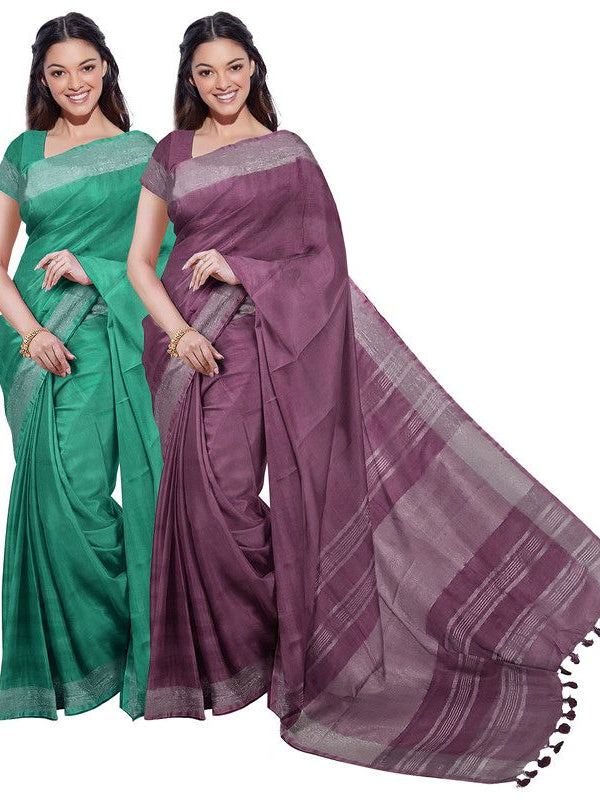 Mint Green & Quinacridone Magenta women's Bhagalpuri Handloom Cotton-Linen Blend Saree Combo (Pack Of 2) With Running Unstiched Blouse Piece