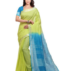 Chartreuse Yellow & Capri Cyan women's Bhagalpuri Handloom Linen Cotton Blend Two Dye Saree With Running Unstitched Blouse Piece