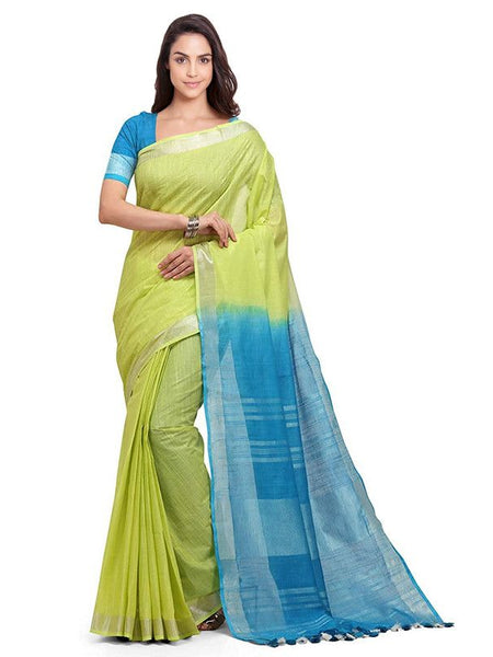Chartreuse Yellow & Capri Cyan women's Bhagalpuri Handloom Linen Cotton Blend Two Dye Saree With Running Unstitched Blouse Piece