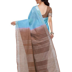 Cyan & Brown women's Bhagalpuri Handloom Linen Slub Blend Two Dye Saree With Running Unstitched Blouse Piece - View 3