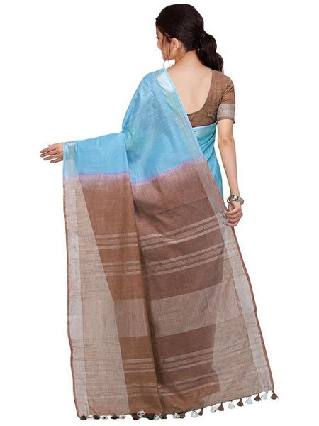 Cyan & Brown women's Bhagalpuri Handloom Linen Slub Blend Two Dye Saree With Running Unstitched Blouse Piece - View 3