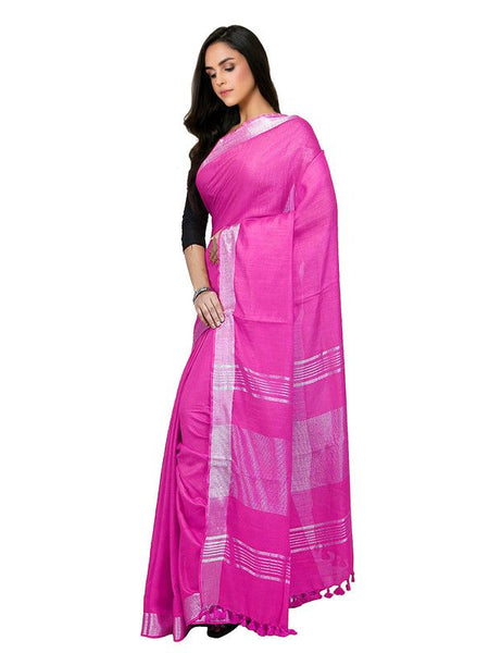 Pink Bhagalpuri women's Handloom Linen Cotton Ethnic Wear Saree With Running Unstitched Blouse Piece - View 4
