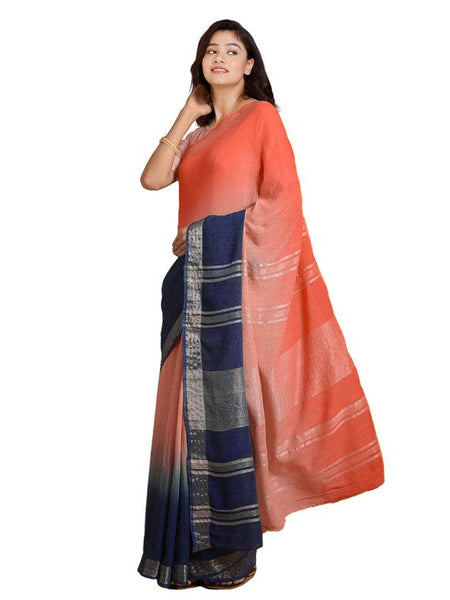 Bhagalpuri Handloom Linen Slub Blend Two Dye Saree With Running Unstitched Blouse Piece