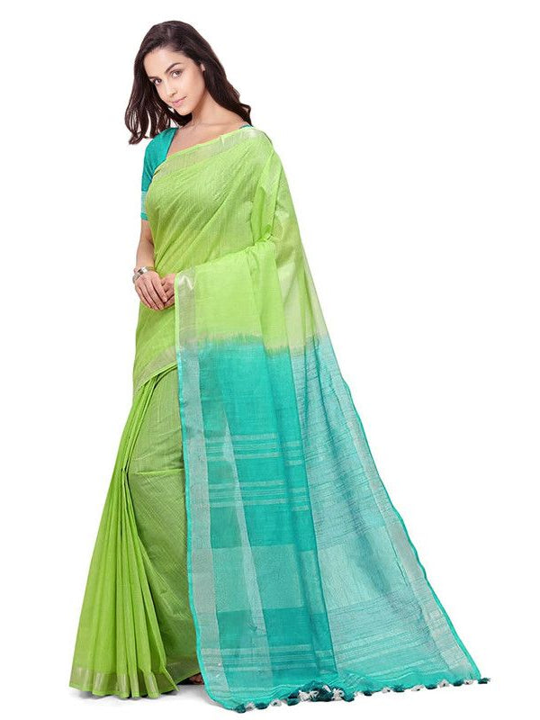 Green & Turquoise women's Bhagalpuri Handloom Pure Cotton Two Dye Saree With Running Unstitched Blouse Piece - View 4