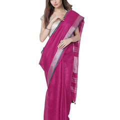 Wild Strawberry Pink women's Bhagalpuri Handloom Cotton Linen Blend Saree With Contrast Unstiched Blouse Piece