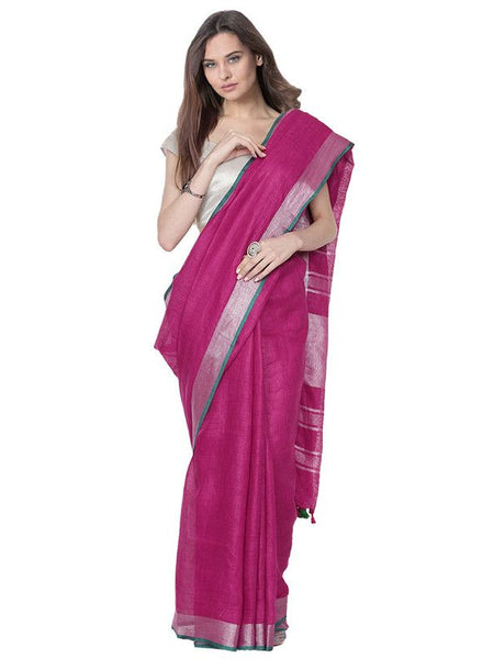 Wild Strawberry Pink women's Bhagalpuri Handloom Cotton Linen Blend Saree With Contrast Unstiched Blouse Piece