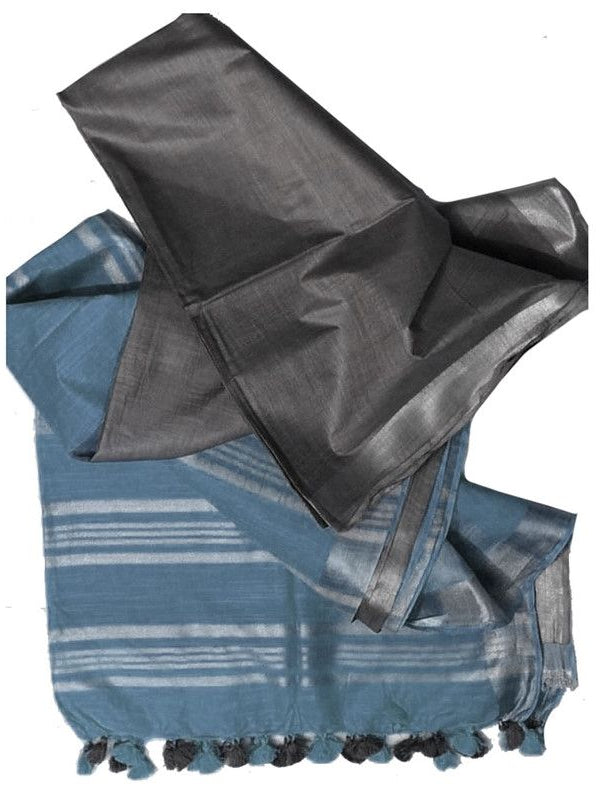 Grey & Airforce Blue women's Ethnic Wear Bhagalpuri Handloom Linen Blend Two Dye Saree With Running Unstitched Blouse Piece - View 2