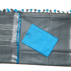 Grey-Cyan women's Bhagalpuri Blend Linen Saree With Contrast Blouse Piece - View 5