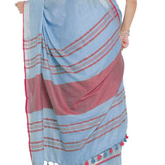 Powder Blue-Pink women's Bhagalpuri Handloom Cotton Linen Blend Contrast Pallu Saree And Unstitched Contrast Blouse Piece - View 6