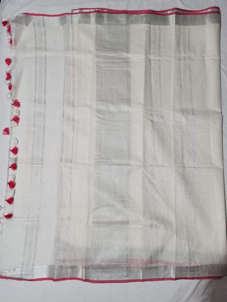 White-Pink women's Handloom Bhagalpuri Cotton Linen Blend Saree Ethnic Wear With Contrast Unstitched Blouse Piece - View 3