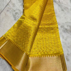 Cotton Silk Handloom Bhagalpuri Wide Border Check Saree (Gold-Yellow)