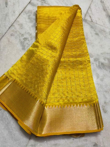 Cotton Silk Handloom Bhagalpuri Wide Border Check Saree (Gold-Yellow)