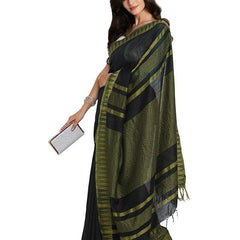 Black-Olive Green women's Bhagalpuri Handloom Katan Viscous Silk Temple Border Saree Ethnic Wear With Running Unstitched Striped Blouse Piece - View 3