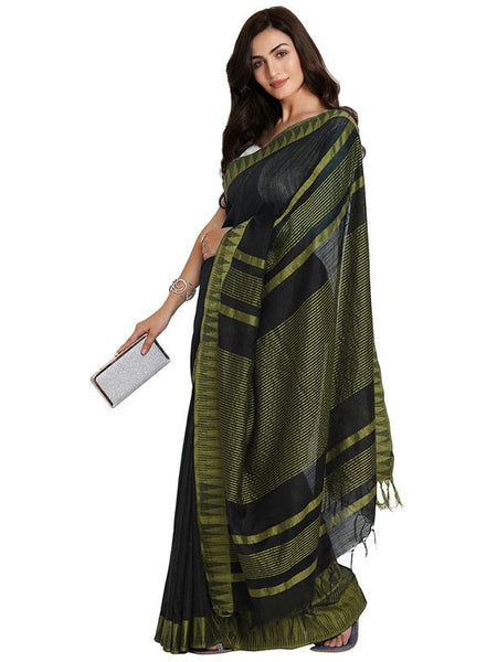Black-Olive Green women's Bhagalpuri Handloom Katan Viscous Silk Temple Border Saree Ethnic Wear With Running Unstitched Striped Blouse Piece - View 3