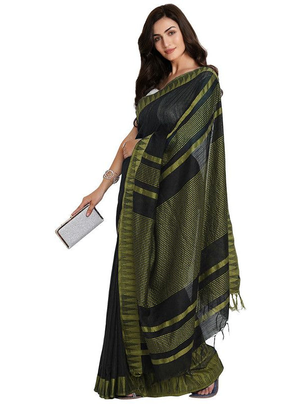 Black-Olive Green women's Bhagalpuri Handloom Katan Viscous Silk Temple Border Saree Ethnic Wear With Running Unstitched Striped Blouse Piece - View 3