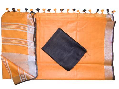 Orange women's Bhagalpuri Blend Linen Saree With Black Pipin Contrast Blouse Piece - View 2