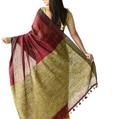 Handloom Pure Linen Dual Color Saree with Ghicha Pallu (Marron_Red & Yellow) - View 3
