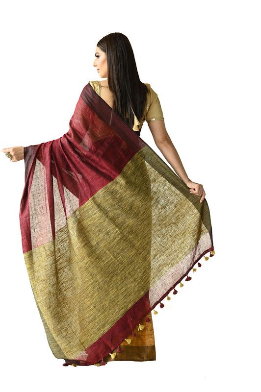 Handloom Pure Linen Dual Color Saree with Ghicha Pallu (Marron_Red & Yellow) - View 3