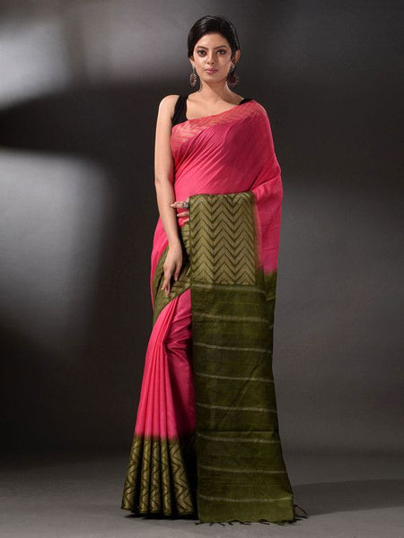 Bhagalpuri Semi Tussar Silk Handloom Two Dye Saree (Poppy_Pink & Thatchy_Green)