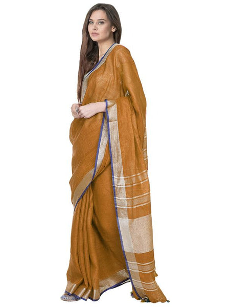 Ochre Brown women's Bhagalpuri Handloom Cotton Linen Blend Saree With Contrast Unstiched Blouse Piece - View 3