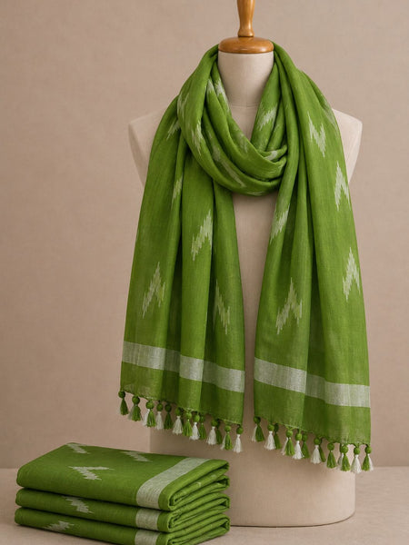 Linen Cotton Blend Zari Weaving Handloom Ikkat Dupatta (12024 Pastal_Green)