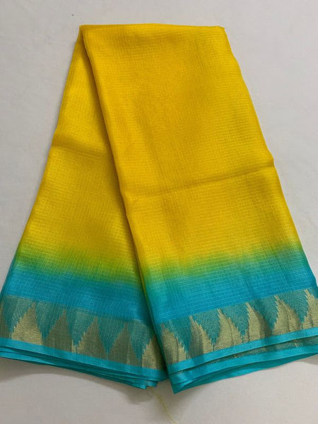 Kota Silk Doriya Organza Net Temple Border Two Dye Saree with Free Blouse Piece(Canary_Yellow & Cyan)