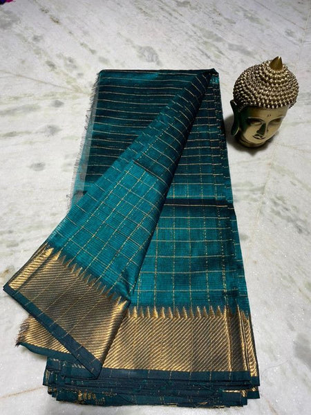 Cotton Silk Handloom Bhagalpuri Wide Border Check Saree (Gold-Pine_Cyan)