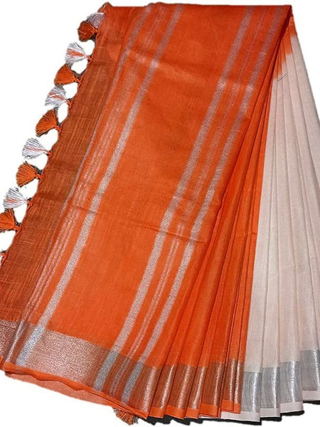 Orange women's Bhagalpuri Linen-Slub Blend Two Dye Saree With Blouse Piece