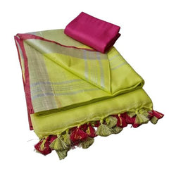 Handloom Bhagalpuri Linen Cotton Blend Contrast Border Saree for Women (12637 Lemon_Yellow-Pink ) - View 2