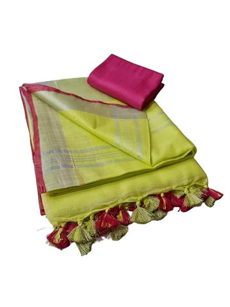 Handloom Bhagalpuri Linen Cotton Blend Contrast Border Saree for Women (12637 Lemon_Yellow-Pink ) - View 2