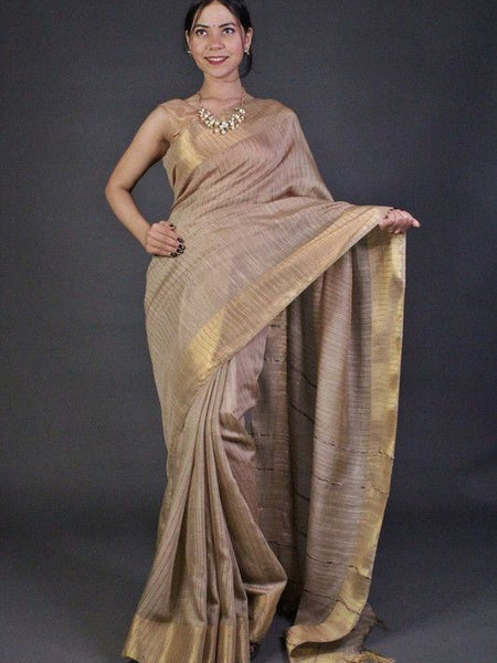 Bhagalpuri Handloom Silk Striped Sequins Saree with Blouse Piece (Brown)