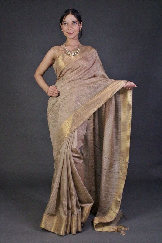 Bhagalpuri Handloom Silk Striped Sequins Saree with Blouse Piece (Brown)