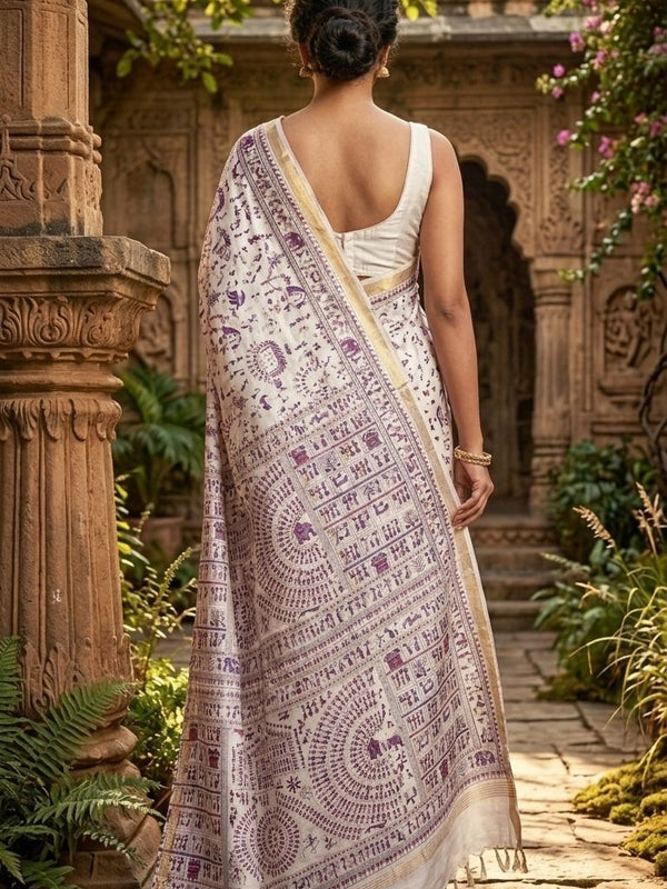 Bhagalpuri Handloom Warli Print on Premium Quality Soft Katan Tussar Silk Saree in White - View 2