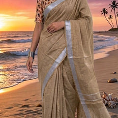 Handwoven Linen Blend Saree With Running Blouse Piece(Beige) - View 2