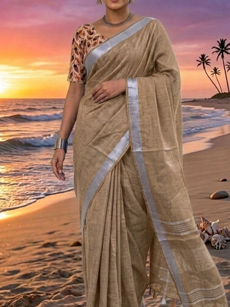 Handwoven Linen Blend Saree With Running Blouse Piece(Beige) - View 2