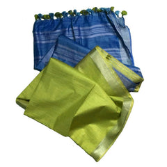 Cerulean Cyan & Yellowish Green women's Ethnic Wear Bhagalpuri Handloom Cotton Linen Blend Two Dye Saree With Running Unstitched Blouse Piece - View 3