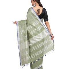 Pistachio Green women's Bhagalpuri Handloom Linen-Slub Saree With Contrast Blouse Piece - View 3