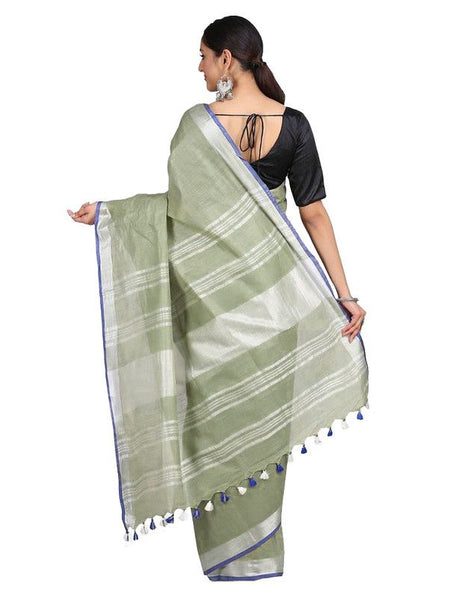 Pistachio Green women's Bhagalpuri Handloom Linen-Slub Saree With Contrast Blouse Piece - View 3