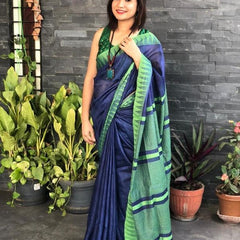 Bhagalpuri Handloom Kota Silk Temple Border Saree And Variation Of Colors With Striped Blouse Piece - View 2