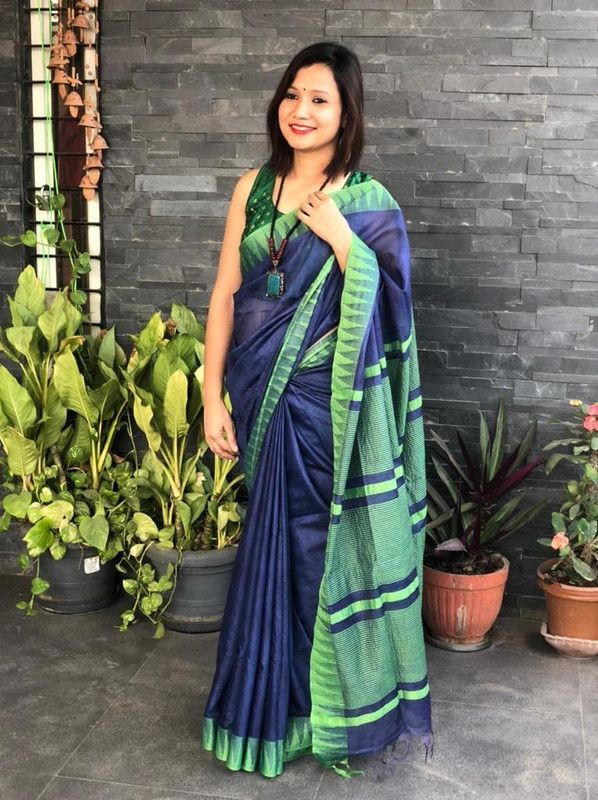 Bhagalpuri Handloom Kota Silk Temple Border Saree And Variation Of Colors With Striped Blouse Piece - View 2