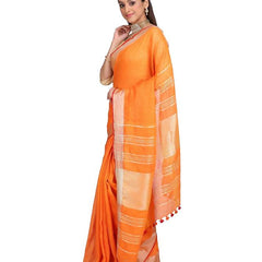 Handloom Linen Cotton Blend Contrast Bhagalpuri Saree for Women (Flame_Orange-Red ) - View 2
