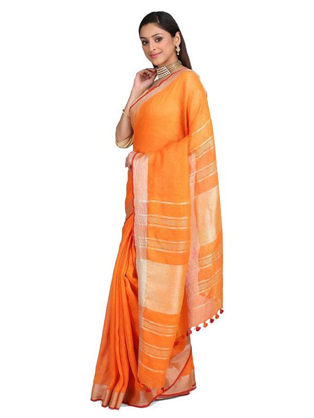Handloom Linen Cotton Blend Contrast Bhagalpuri Saree for Women (Flame_Orange-Red ) - View 2