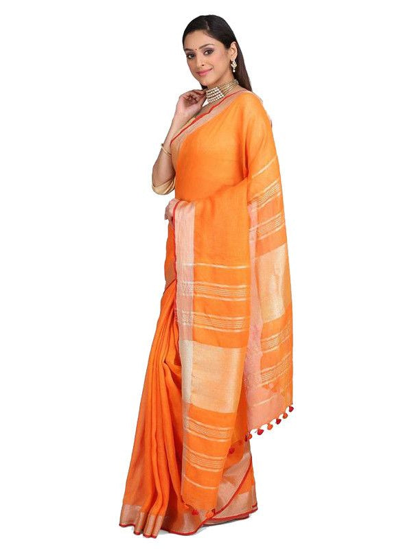 Handloom Linen Cotton Blend Contrast Bhagalpuri Saree for Women (Flame_Orange-Red ) - View 2
