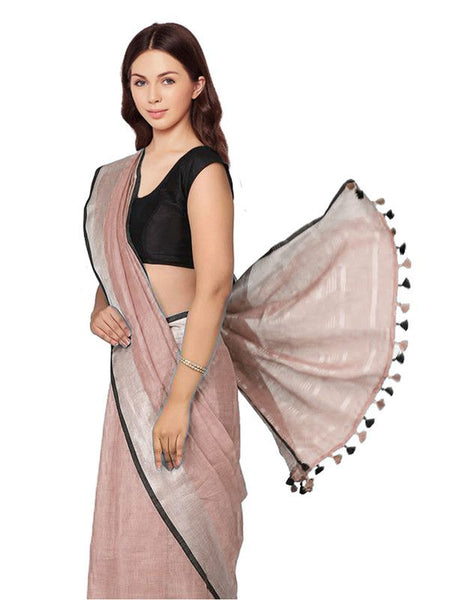 Rosy Brown women's Bhagalpuri Blend Linen Saree With Black Pipine Contrast Blouse Piece - View 5