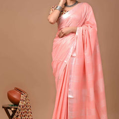 Linen Cotton Blend Handloom Bhagalpuri Saree with Zari Border (12799 Salmon_Pink)
