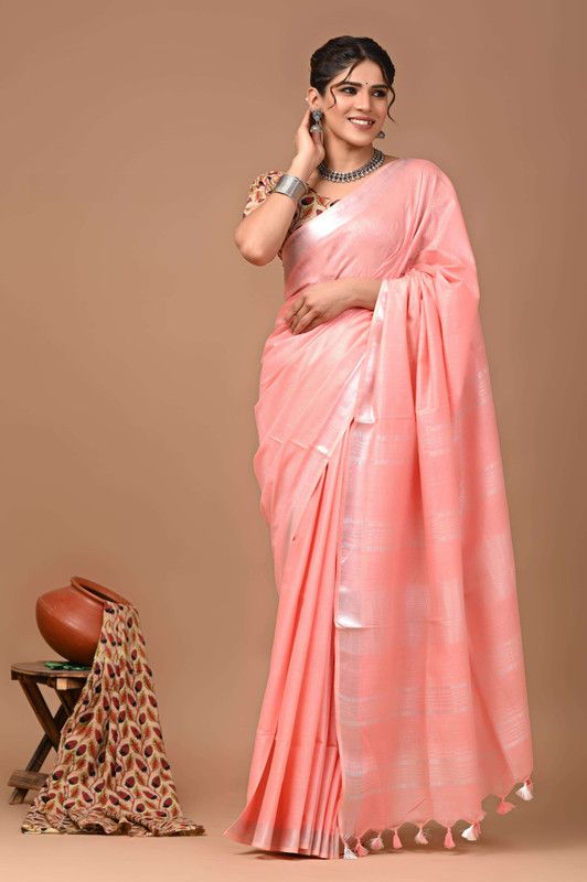 Linen Cotton Blend Handloom Bhagalpuri Saree with Zari Border (12799 Salmon_Pink)