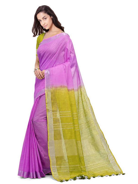 women's Bhagalpuri Handloom Linen Slub Blend Two Dye Saree With Running Unstitched Blouse Piece - View 3